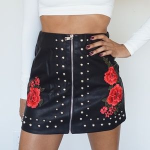 PVC Pleather Mini-Skirt with Embroidery - Roses